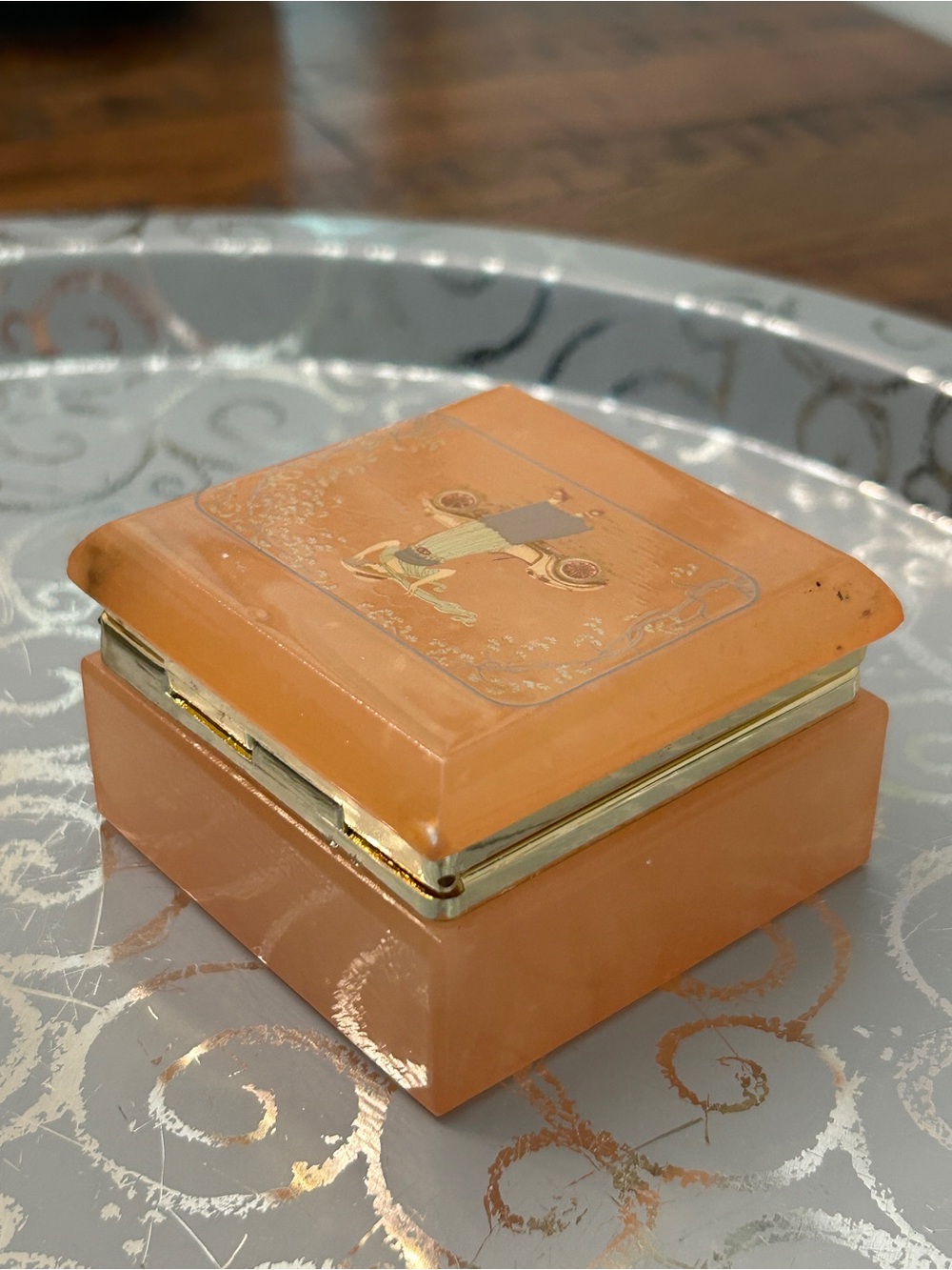 Vintage Italian Peach Alabaster Decorative Trinket Box with Gold Trim